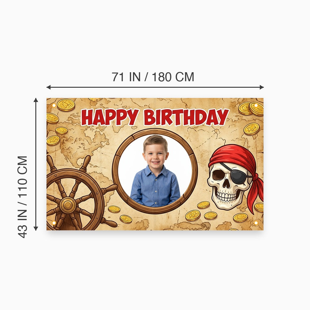 Custom Photo Birthday Banner, Personalized Picture Frame Sign, Vintage Treasure Map Pirate Happy Birthday Backdrop, Large 71"x43"