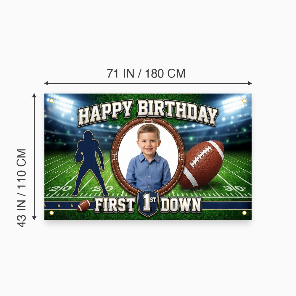 Custom Photo Birthday Banner, Personalized Picture Frame Sign, Green Field First Down Football Happy Birthday Backdrop, Large 71"x43"