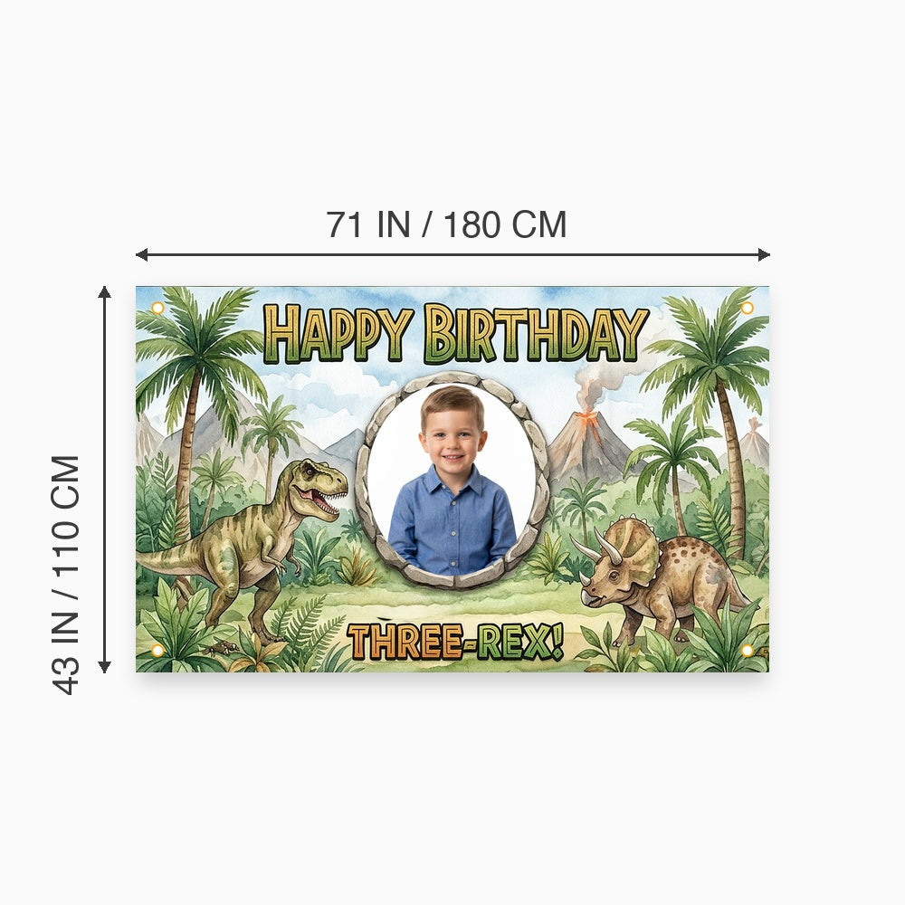 Custom Photo Birthday Banner, Personalized Picture Frame Sign, Green Jungle Dinosaur Three Rex 3rd Happy Birthday Backdrop, Large 71"x43"