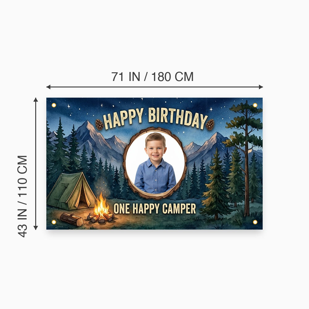 Custom Photo Birthday Banner, Personalized Picture Frame Sign, Starry Night Forest Camping Happy Birthday Backdrop, Large 71"x43"