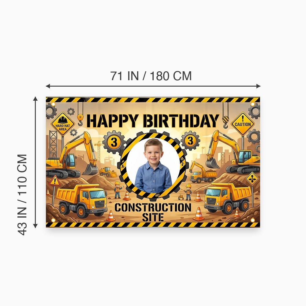 Custom Photo Birthday Banner, Personalized Picture Frame Sign, Yellow & Black Construction Truck Happy Birthday Backdrop, Large 71"x43"