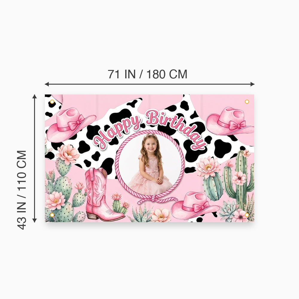 Custom Photo Birthday Banner, Personalized Picture Frame Sign, Pink Western Cowgirl Happy Birthday Backdrop, Large 71"x43"