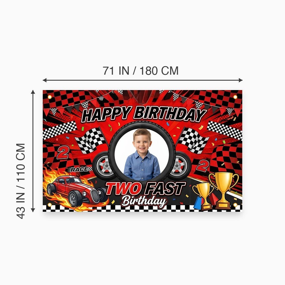 Custom Photo Birthday Banner, Personalized Picture Frame Sign, Red & Black Two Fast Racing Car Happy Birthday Backdrop, Large 71"x43"
