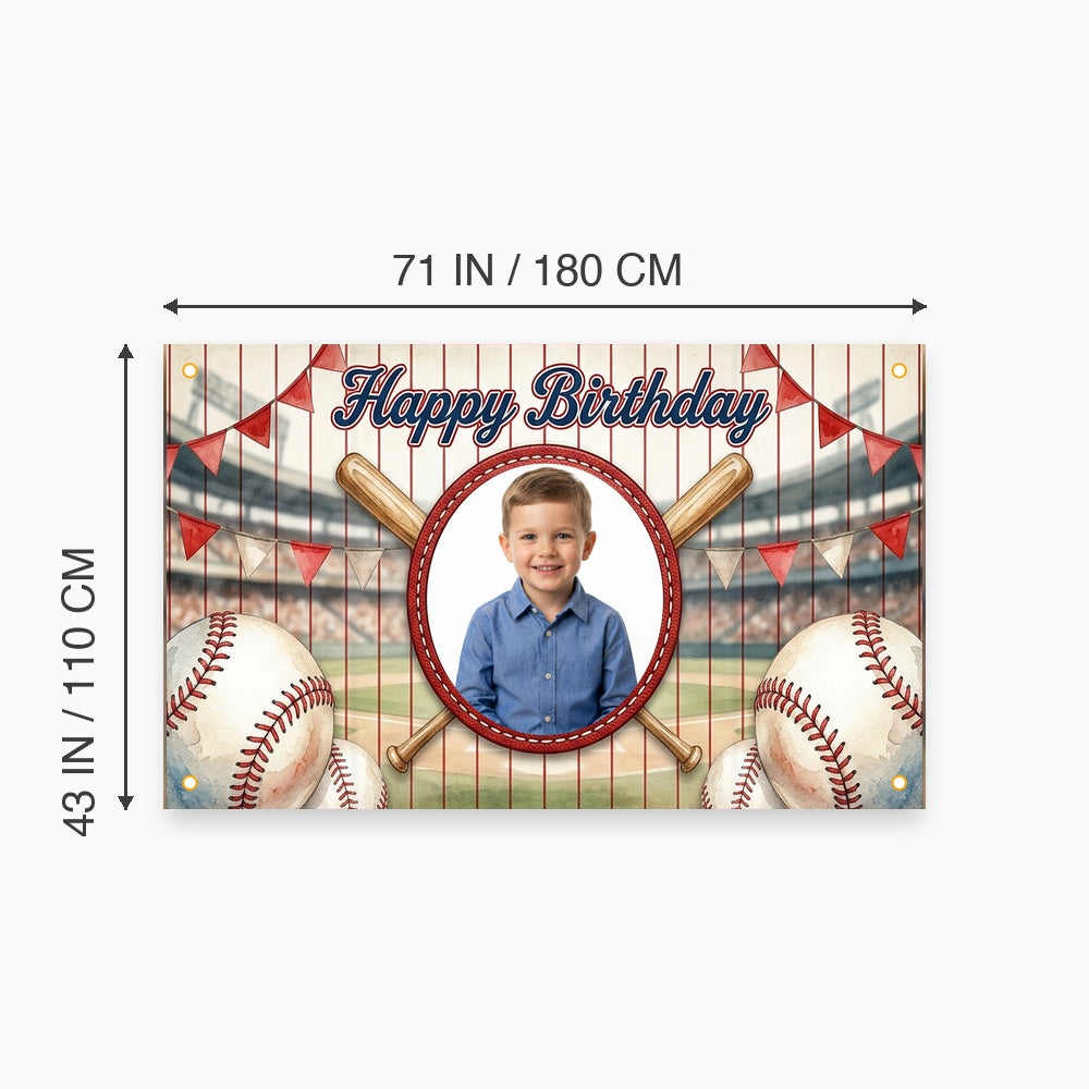 Custom Photo Birthday Banner, Personalized Picture Frame Sign, Red White & Blue Baseball Happy Birthday Backdrop, Large 71"x43"