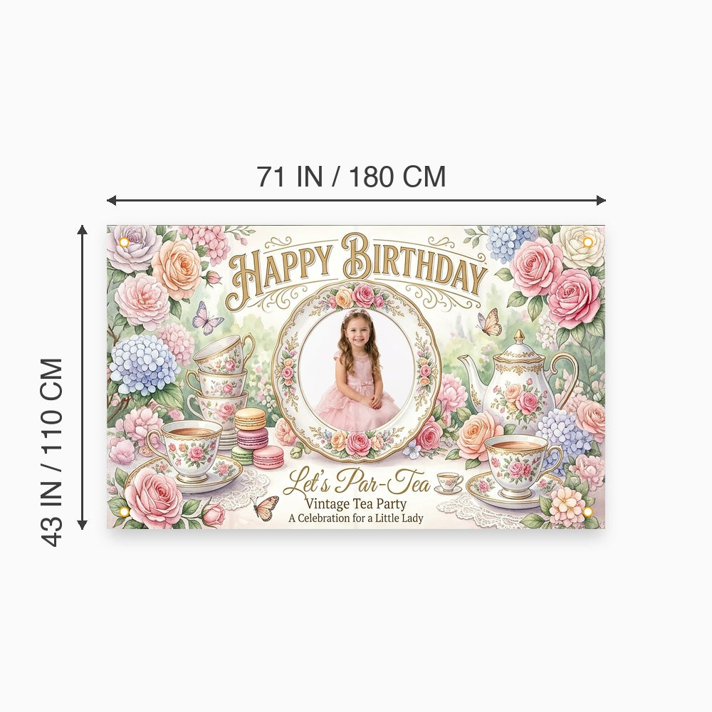 Custom Photo Birthday Banner, Personalized Picture Frame Sign, Vintage Floral Tea Party Happy Birthday Backdrop, Large 71"x43"