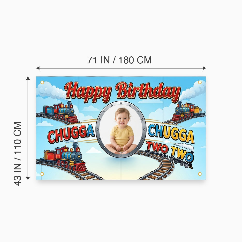 Custom Photo Birthday Banner, Personalized Picture Frame Sign, Blue Chugga Chugga Two Two Train Happy Birthday Backdrop, Large 71"x43"