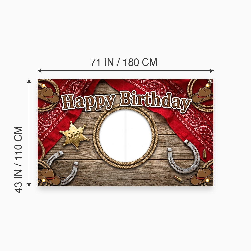Custom Photo Birthday Banner, Personalized Picture Frame Sign, Vintage Rustic Wood Western Cowboy Happy Birthday Backdrop, Large 71"x43"