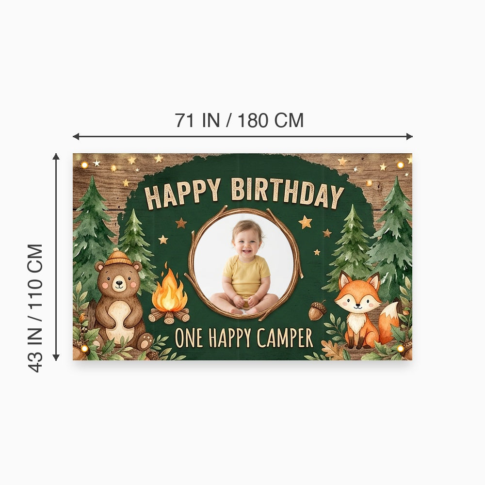 Custom Photo Birthday Banner, Personalized Picture Frame Sign, Forest One Happy Camper 1st Happy Birthday Backdrop, Large 71"x43"