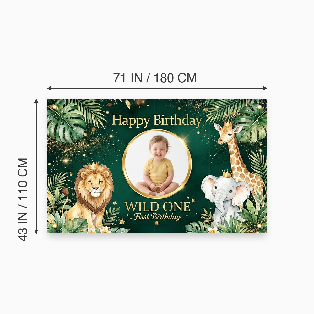 Custom Photo Birthday Banner, Personalized Picture Frame Sign, Green Jungle Safari Wild One 1st Happy Birthday Backdrop, Large 71"x43"