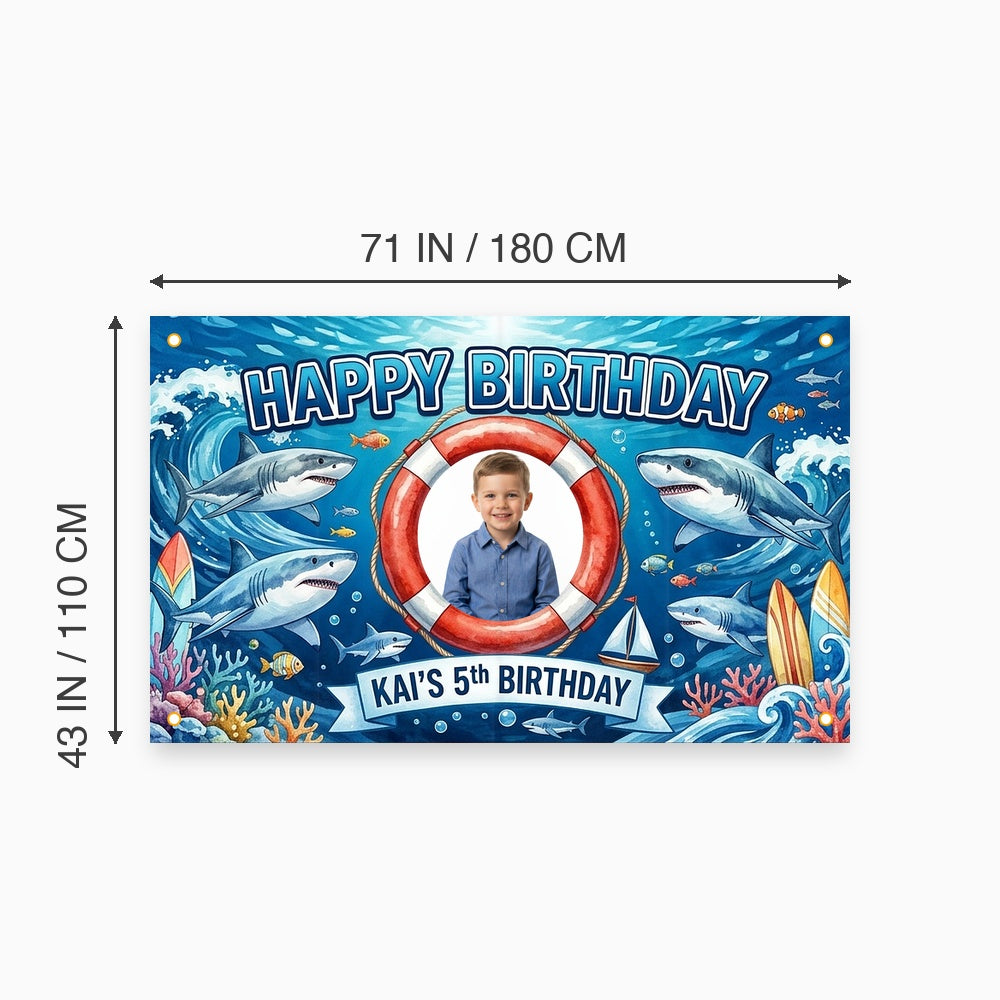 Custom Photo Birthday Banner, Personalized Picture Frame Sign, Blue Ocean Shark Happy Birthday Backdrop, Large 71"x43"