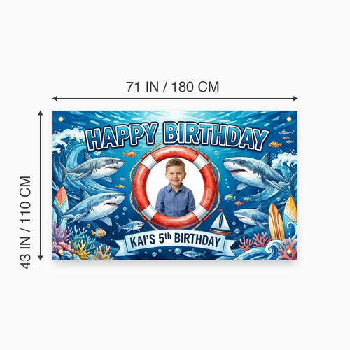 Custom Photo Birthday Banner, Personalized Picture Frame Sign, Blue Ocean Shark Happy Birthday Backdrop, Large 71"x43"