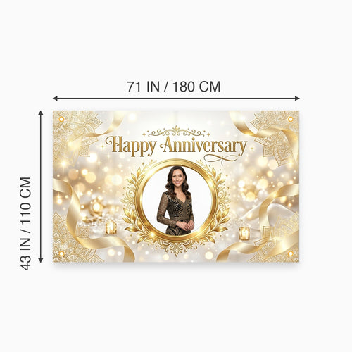 Custom Photo Anniversary Banner, Personalized Picture Frame Sign, Elegant White & Gold Happy Anniversary Backdrop, Large 71"x43"