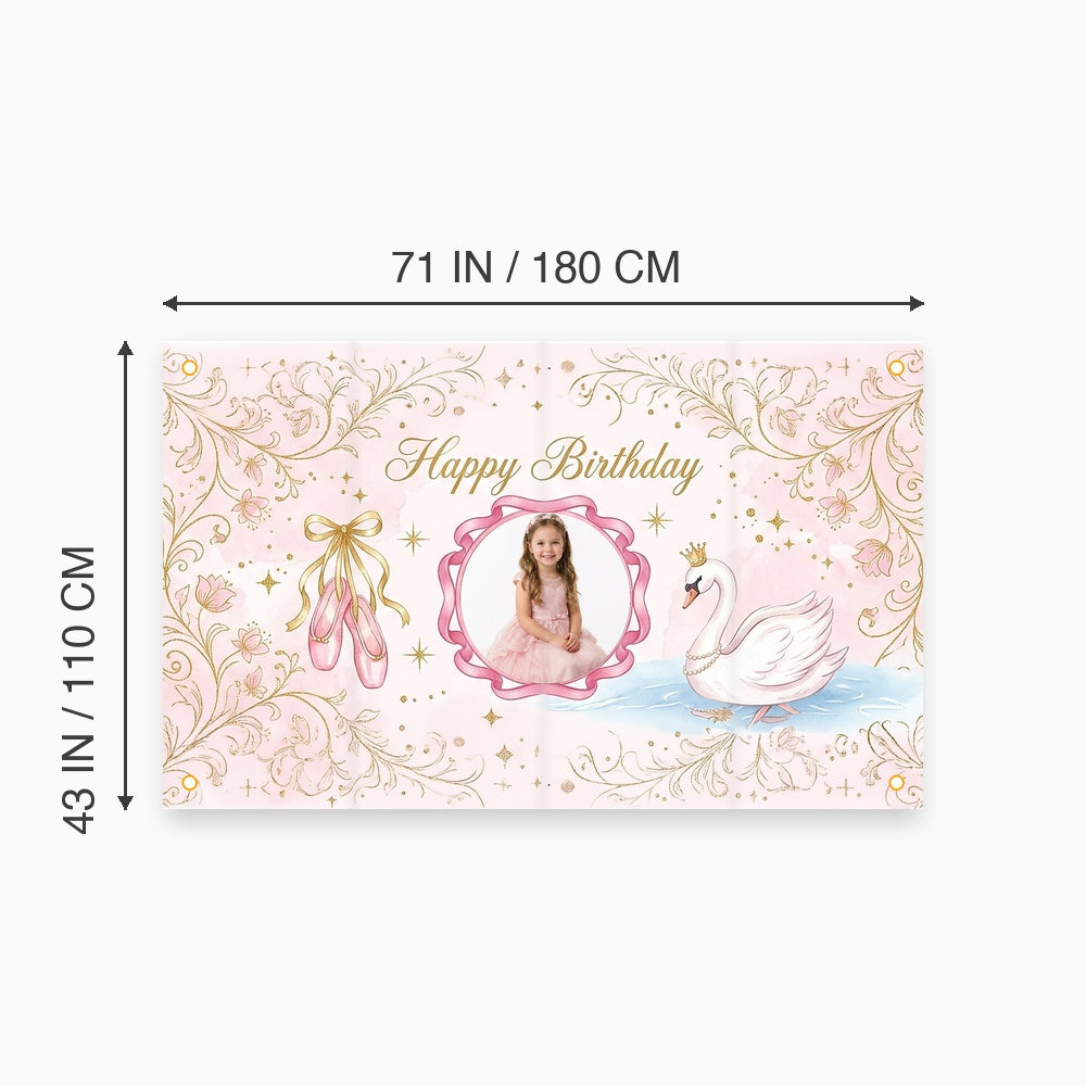Custom Photo Birthday Banner, Personalized Picture Frame Sign, Elegant Pink Swan Princess Birthday Backdrop, Large 71"x43"