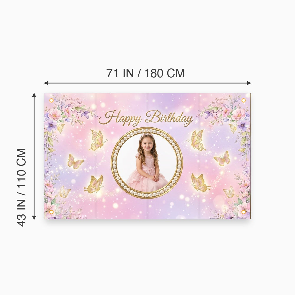 Custom Photo Birthday Banner, Personalized Picture Frame Sign, Pink Purple Butterfly Floral Happy Birthday Backdrop, Large 71"x43"