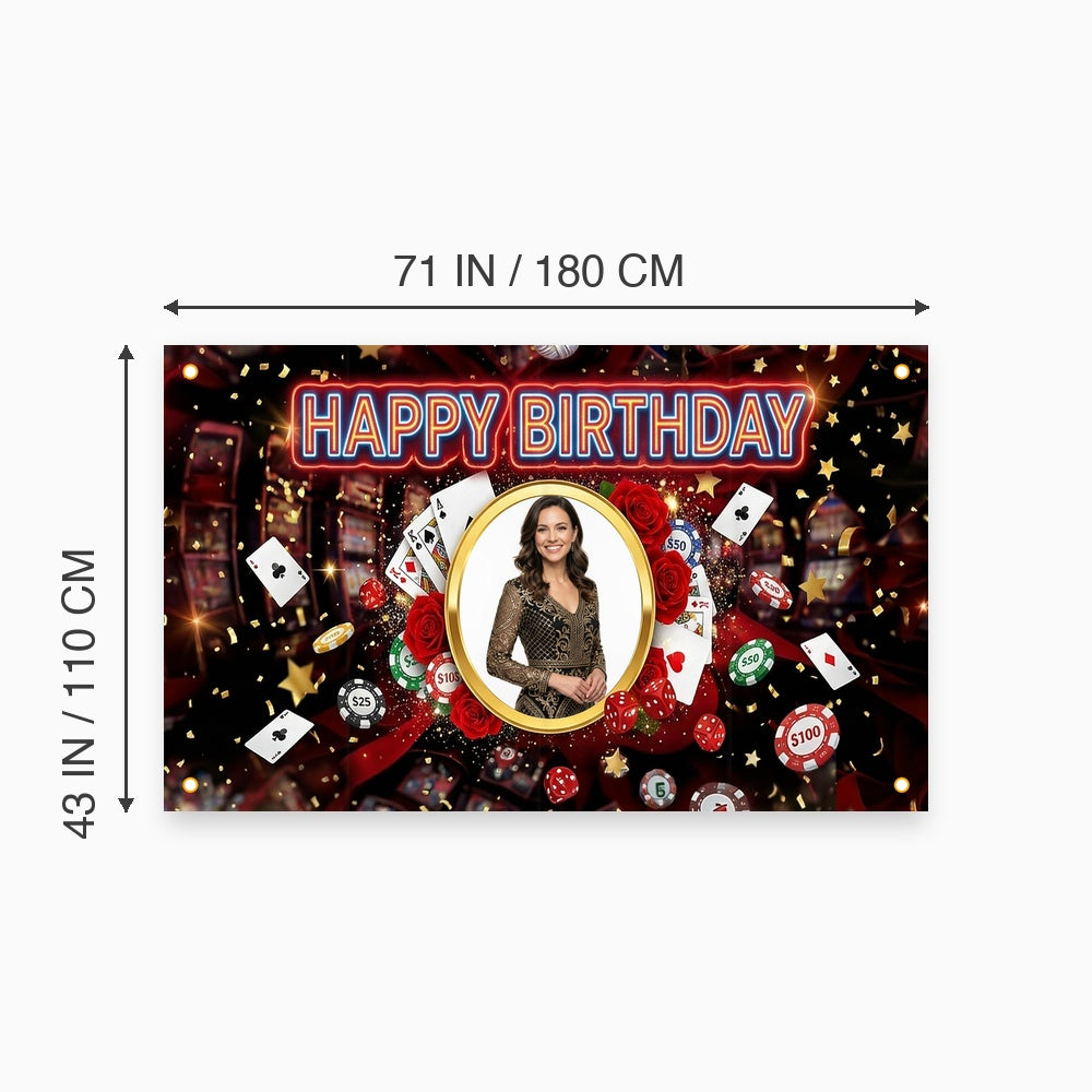 Custom Photo Birthday Banner, Personalized Picture Frame Sign, Red & Black Casino Poker Happy Birthday Backdrop, Large 71"x43"