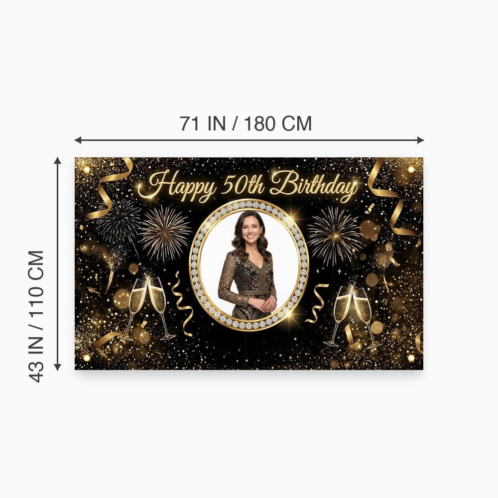 Custom Photo Birthday Banner, Personalized Picture Frame Sign, Elegant Black & Gold 50th Happy Birthday Backdrop, Large 71"x43"