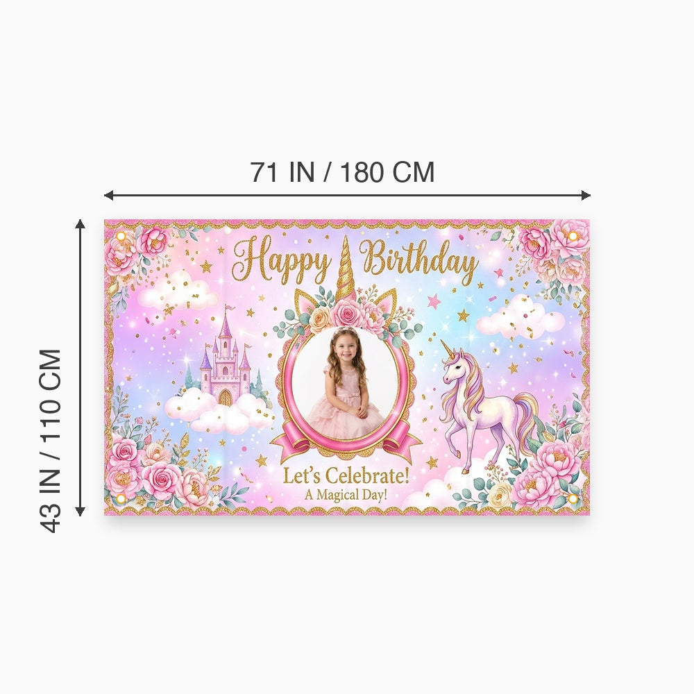 Custom Photo Birthday Banner, Personalized Picture Frame Sign, Magical Pink Rainbow Unicorn Happy Birthday Backdrop, Large 71"x43"