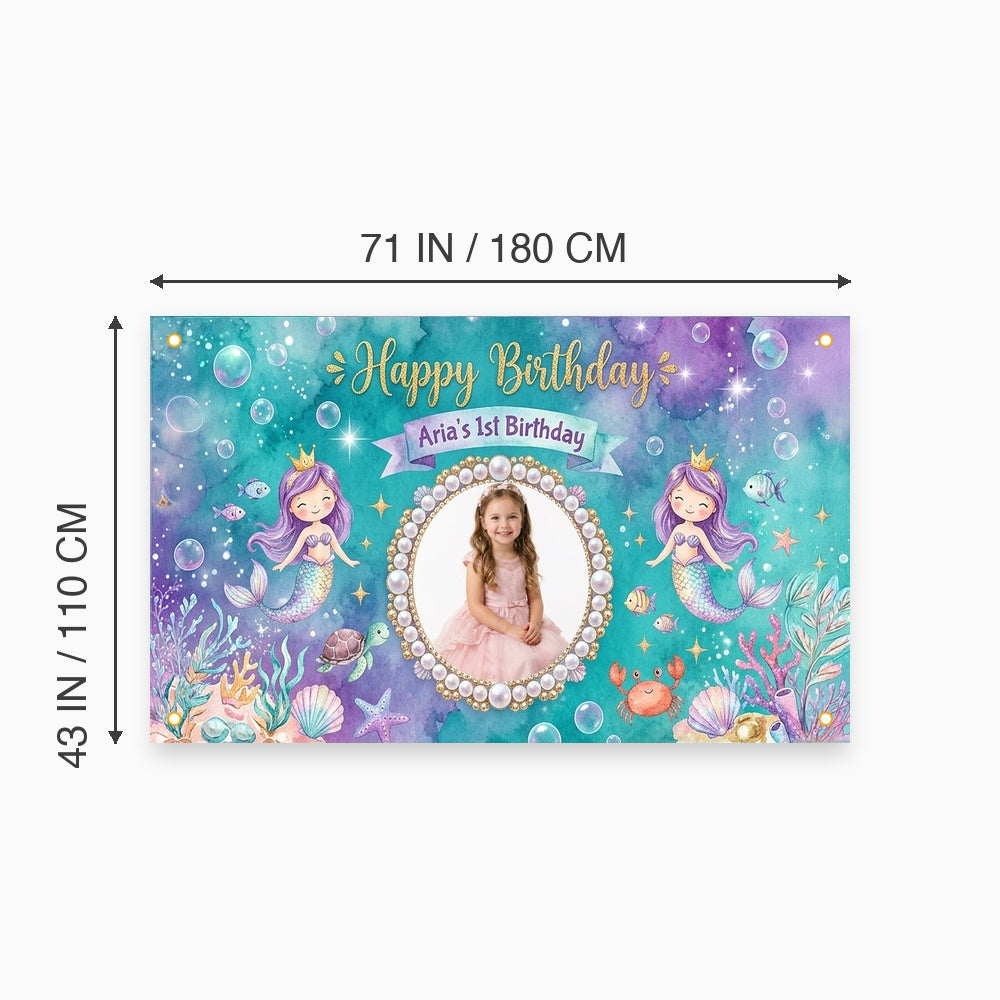 Custom Photo Birthday Banner, Personalized Picture Frame Sign, Blue Purple Ocean Mermaid Happy Birthday Backdrop, Large 71"x43"