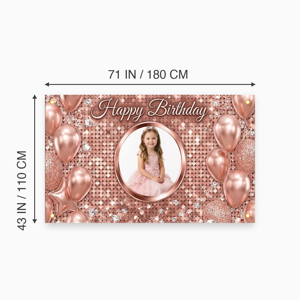 Custom Photo Birthday Banner, Personalized Picture Frame Sign, Rose Gold Balloons Glitter Happy Birthday Backdrop, Large 71"x43"