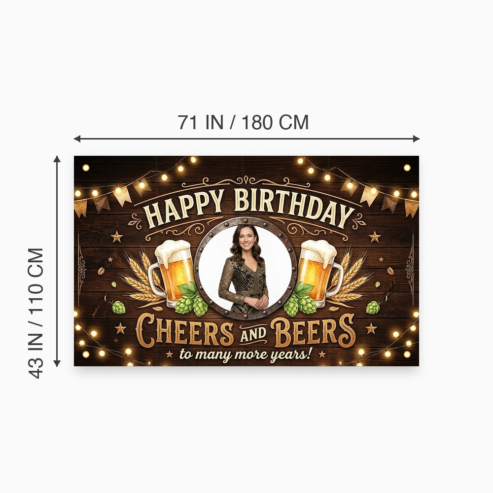 Custom Photo Birthday Banner, Personalized Picture Frame Sign, Black & Gold Cheers and Beers Happy Birthday Backdrop, Large 71"x43"