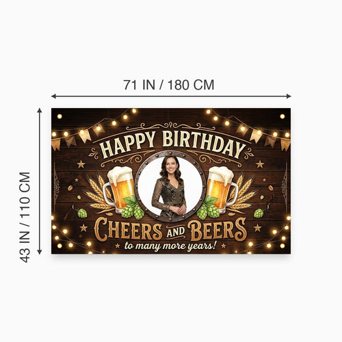 Custom Photo Birthday Banner, Personalized Picture Frame Sign, Black & Gold Cheers and Beers Happy Birthday Backdrop, Large 71"x43"