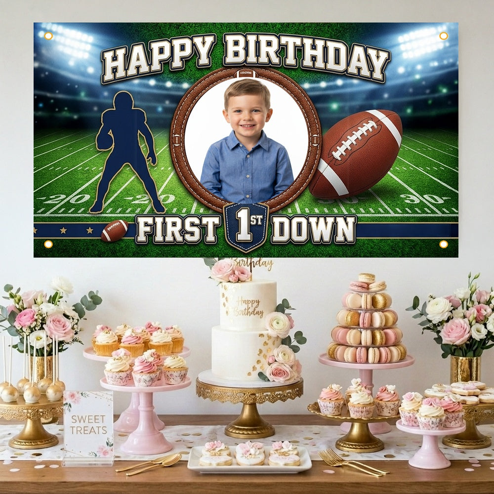 Custom Photo Birthday Banner, Personalized Picture Frame Sign, Green Field First Down Football Happy Birthday Backdrop, Large 71"x43"
