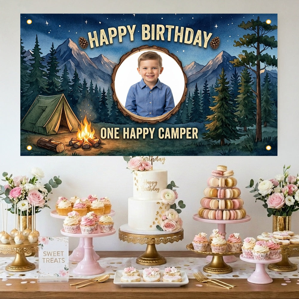 Custom Photo Birthday Banner, Personalized Picture Frame Sign, Starry Night Forest Camping Happy Birthday Backdrop, Large 71"x43"