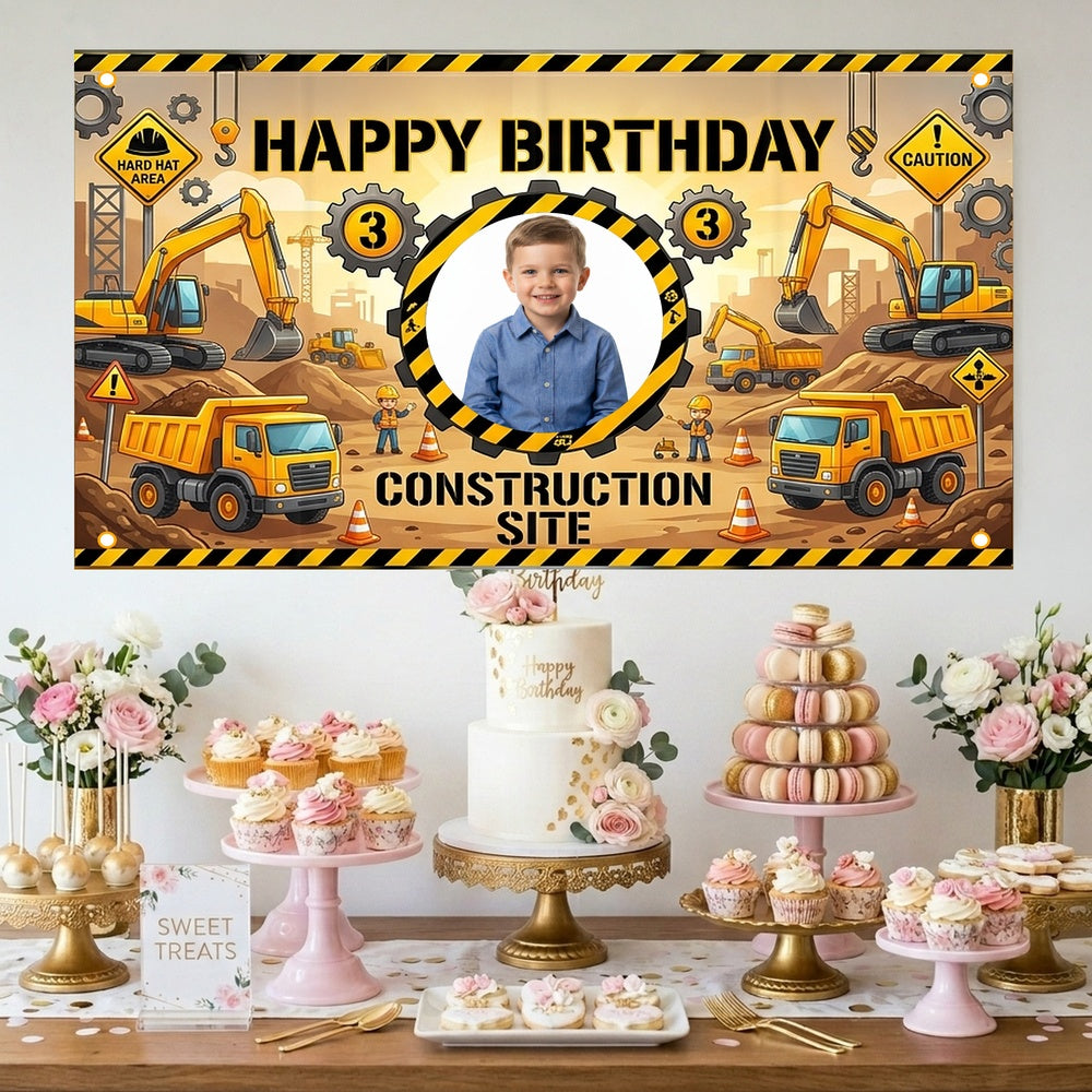 Custom Photo Birthday Banner, Personalized Picture Frame Sign, Yellow & Black Construction Truck Happy Birthday Backdrop, Large 71"x43"