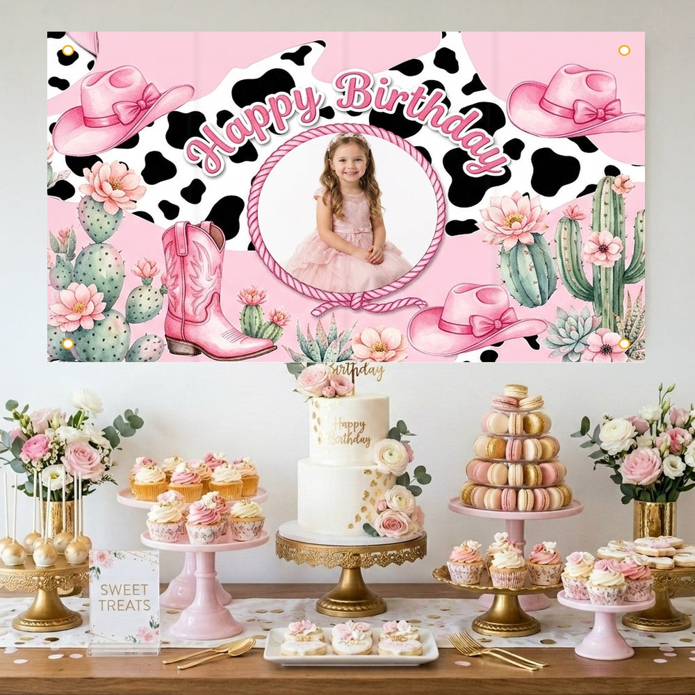 Custom Photo Birthday Banner, Personalized Picture Frame Sign, Pink Western Cowgirl Happy Birthday Backdrop, Large 71"x43"
