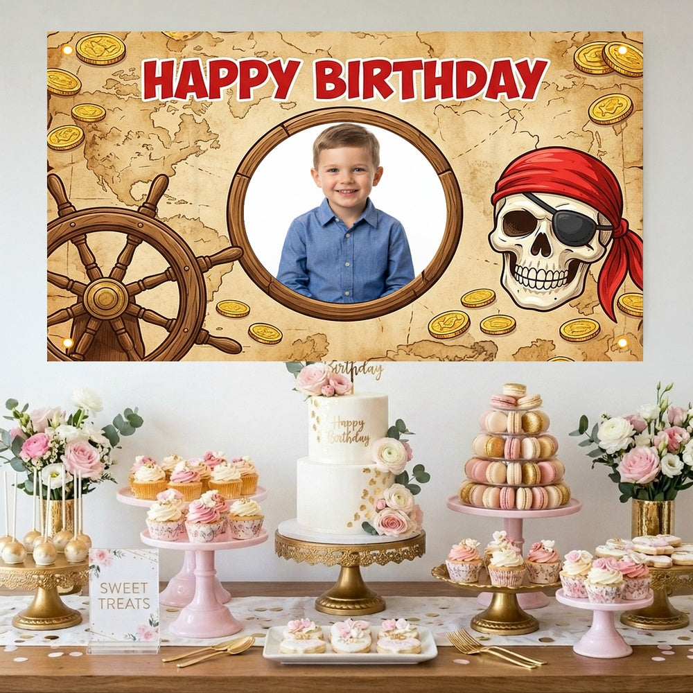 Custom Photo Birthday Banner, Personalized Picture Frame Sign, Vintage Treasure Map Pirate Happy Birthday Backdrop, Large 71"x43"