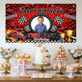 Custom Photo Birthday Banner, Personalized Picture Frame Sign, Red & Black Two Fast Racing Car Happy Birthday Backdrop, Large 71"x43"