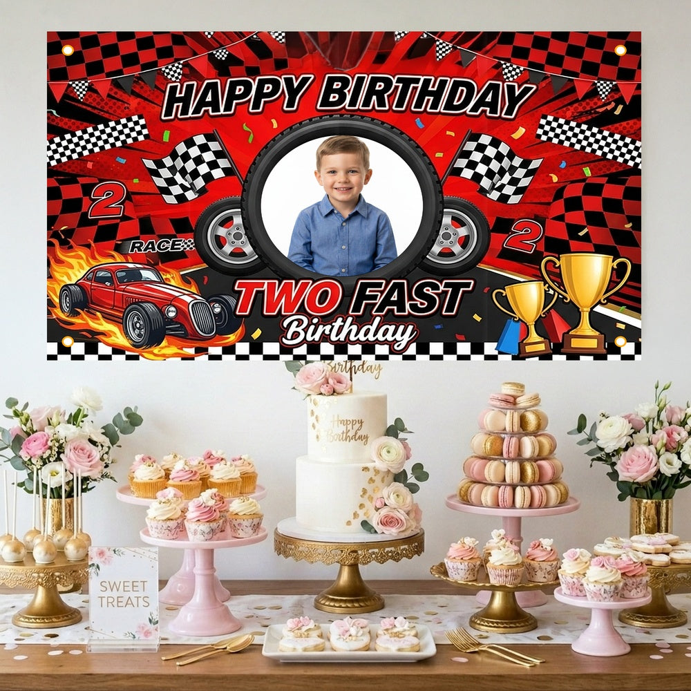 Custom Photo Birthday Banner, Personalized Picture Frame Sign, Red & Black Two Fast Racing Car Happy Birthday Backdrop, Large 71"x43"