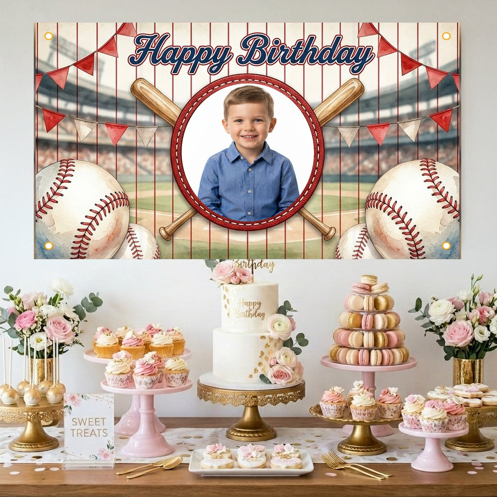 Custom Photo Birthday Banner, Personalized Picture Frame Sign, Red White & Blue Baseball Happy Birthday Backdrop, Large 71"x43"