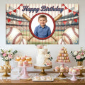 Custom Photo Birthday Banner, Personalized Picture Frame Sign, Red White & Blue Baseball Happy Birthday Backdrop, Large 71"x43"