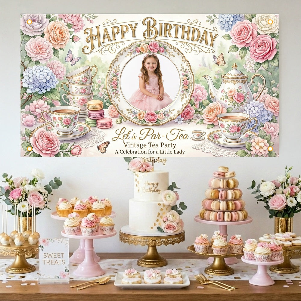 Custom Photo Birthday Banner, Personalized Picture Frame Sign, Vintage Floral Tea Party Happy Birthday Backdrop, Large 71"x43"