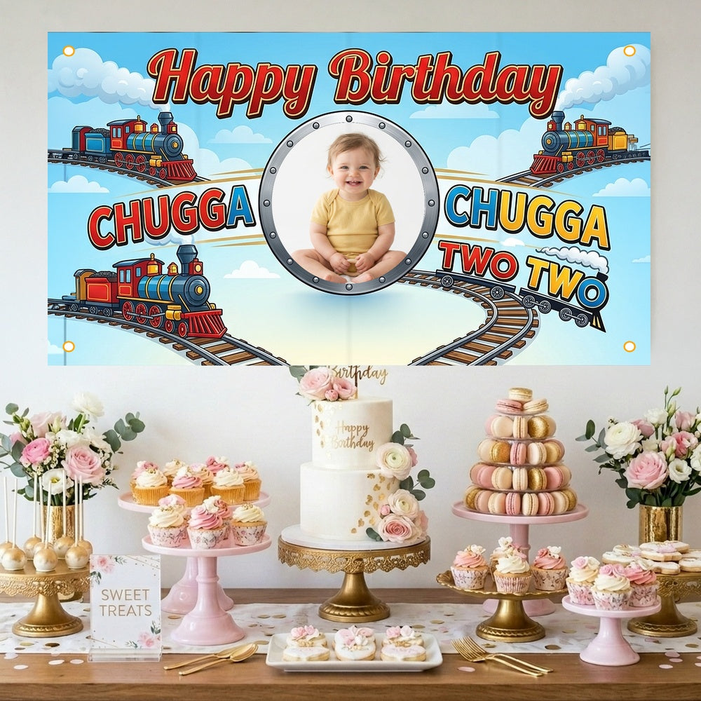 Custom Photo Birthday Banner, Personalized Picture Frame Sign, Blue Chugga Chugga Two Two Train Happy Birthday Backdrop, Large 71"x43"