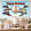 Custom Photo Birthday Banner, Personalized Picture Frame Sign, Blue Chugga Chugga Two Two Train Happy Birthday Backdrop, Large 71"x43"