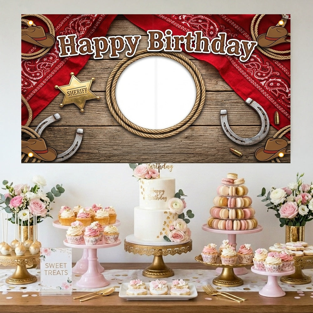 Custom Photo Birthday Banner, Personalized Picture Frame Sign, Vintage Rustic Wood Western Cowboy Happy Birthday Backdrop, Large 71"x43"