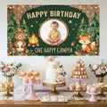 Custom Photo Birthday Banner, Personalized Picture Frame Sign, Forest One Happy Camper 1st Happy Birthday Backdrop, Large 71"x43"