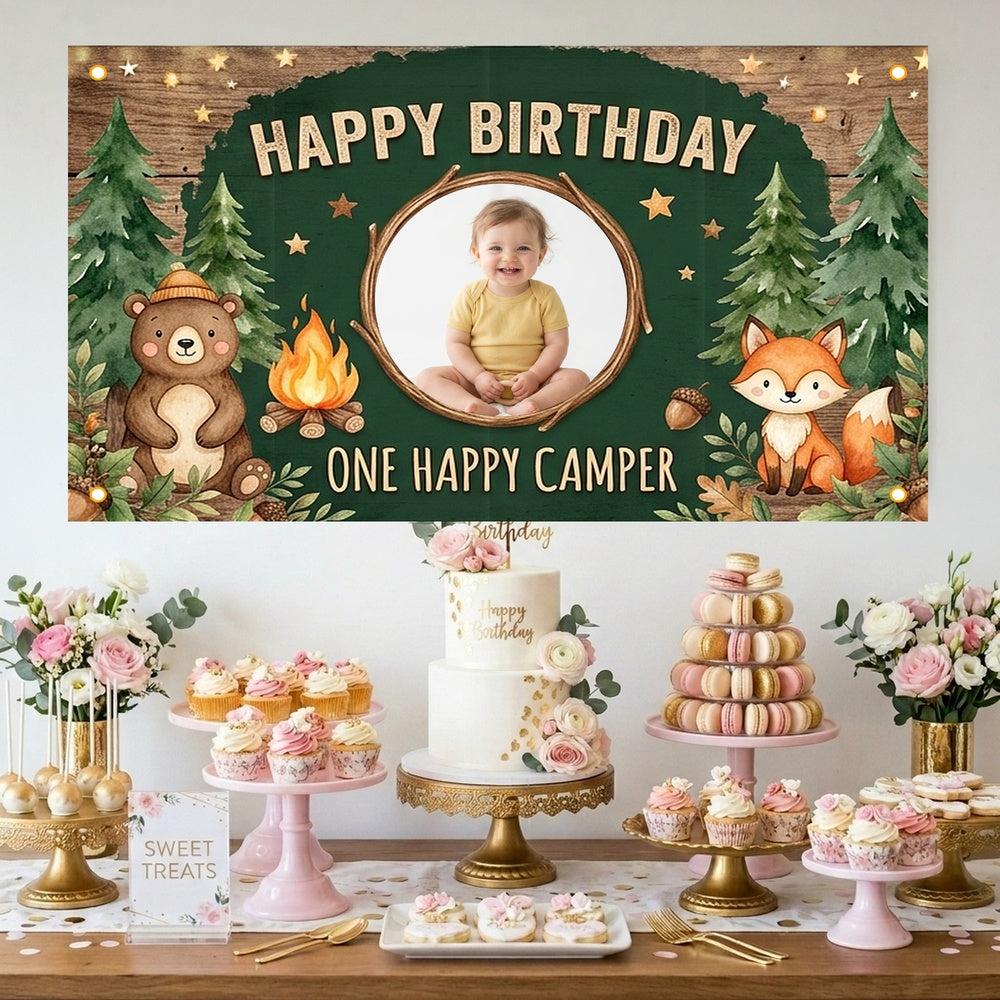 Custom Photo Birthday Banner, Personalized Picture Frame Sign, Forest One Happy Camper 1st Happy Birthday Backdrop, Large 71"x43"