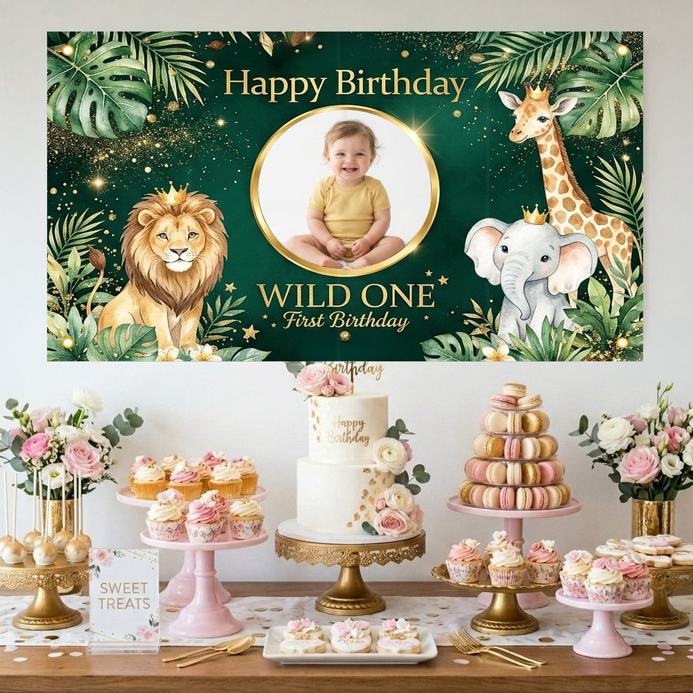 Custom Photo Birthday Banner, Personalized Picture Frame Sign, Green Jungle Safari Wild One 1st Happy Birthday Backdrop, Large 71"x43"