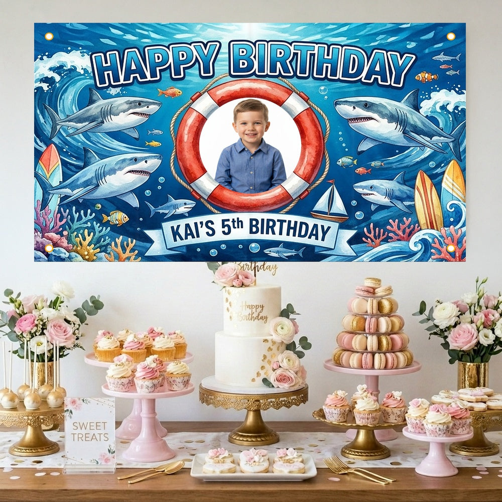 Custom Photo Birthday Banner, Personalized Picture Frame Sign, Blue Ocean Shark Happy Birthday Backdrop, Large 71"x43"