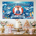 Custom Photo Birthday Banner, Personalized Picture Frame Sign, Blue Ocean Shark Happy Birthday Backdrop, Large 71"x43"