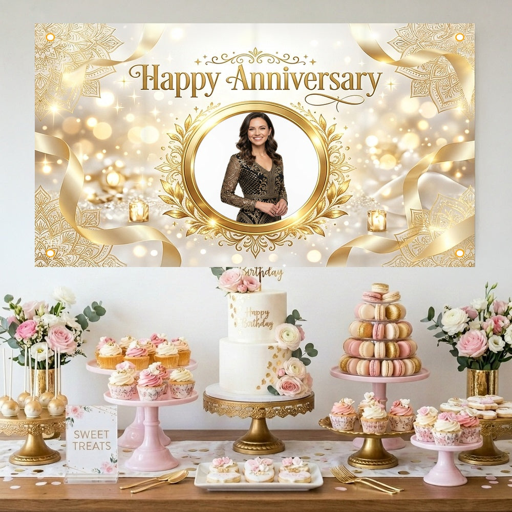 Custom Photo Anniversary Banner, Personalized Picture Frame Sign, Elegant White & Gold Happy Anniversary Backdrop, Large 71"x43"