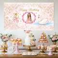 Custom Photo Birthday Banner, Personalized Picture Frame Sign, Elegant Pink Swan Princess Birthday Backdrop, Large 71"x43"