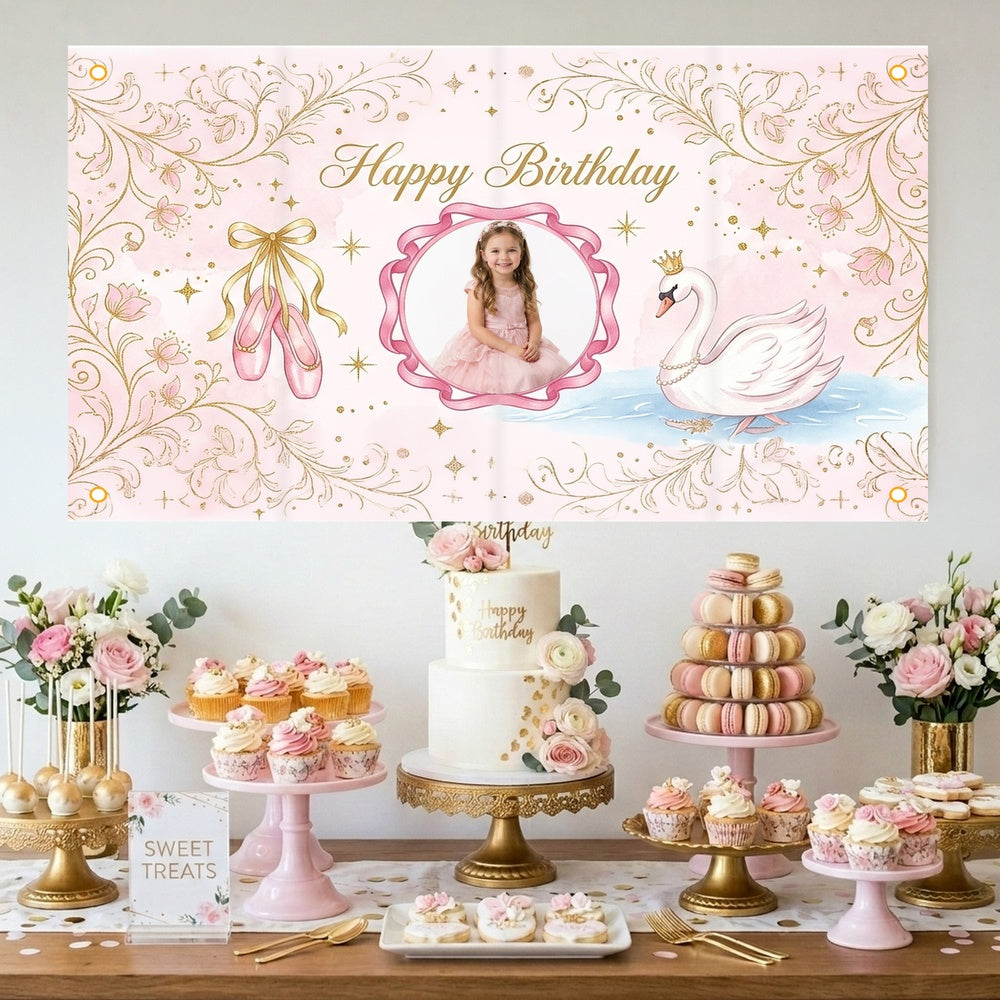 Custom Photo Birthday Banner, Personalized Picture Frame Sign, Elegant Pink Swan Princess Birthday Backdrop, Large 71"x43"