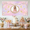Custom Photo Birthday Banner, Personalized Picture Frame Sign, Pink Purple Butterfly Floral Happy Birthday Backdrop, Large 71"x43"