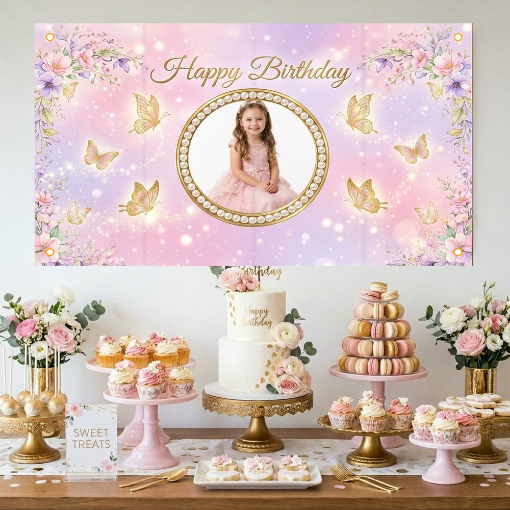 Custom Photo Birthday Banner, Personalized Picture Frame Sign, Pink Purple Butterfly Floral Happy Birthday Backdrop, Large 71"x43"