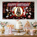 Custom Photo Birthday Banner, Personalized Picture Frame Sign, Red & Black Casino Poker Happy Birthday Backdrop, Large 71"x43"