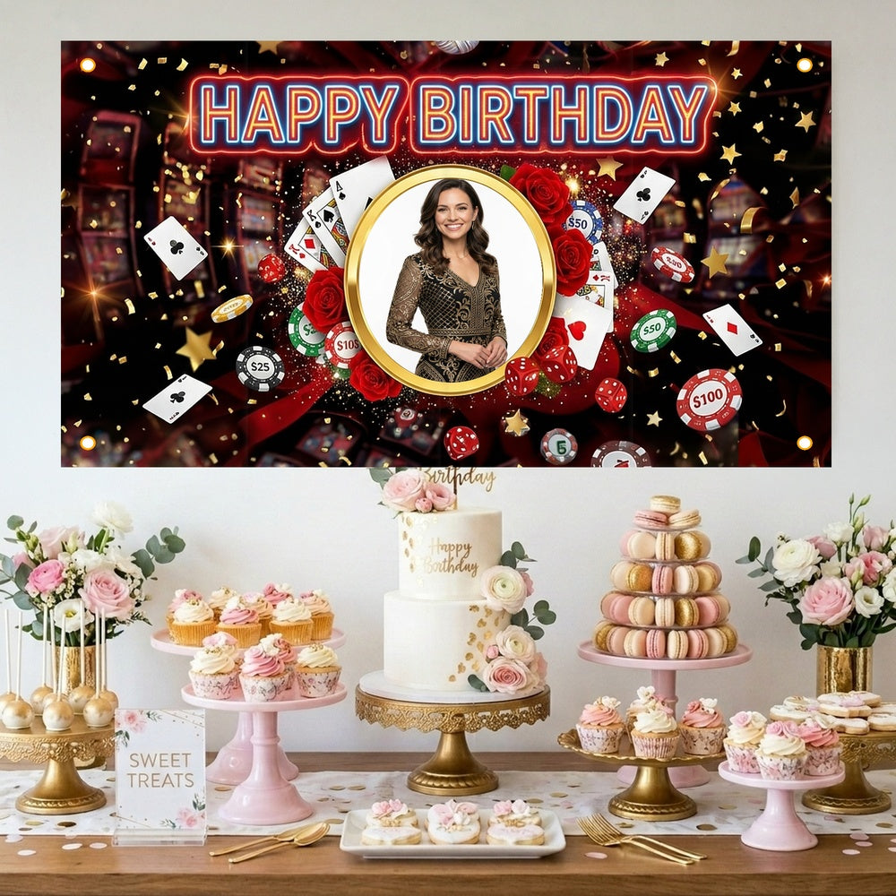 Custom Photo Birthday Banner, Personalized Picture Frame Sign, Red & Black Casino Poker Happy Birthday Backdrop, Large 71"x43"